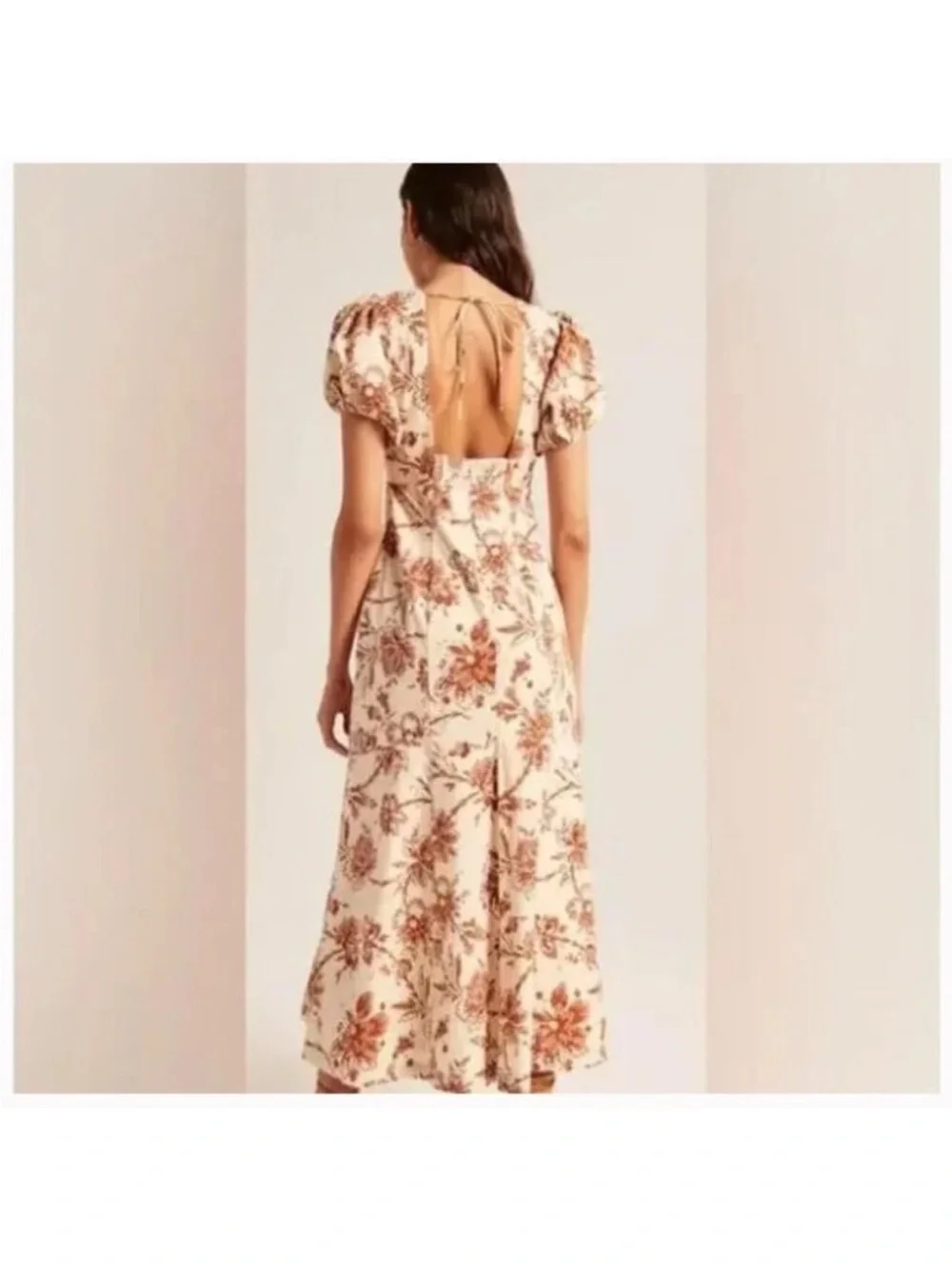 Abercrombie Puff Sleeve Slim Poplin Dress Floral Brown